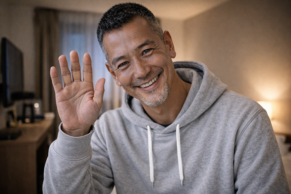 男性_笑顔_手を振る